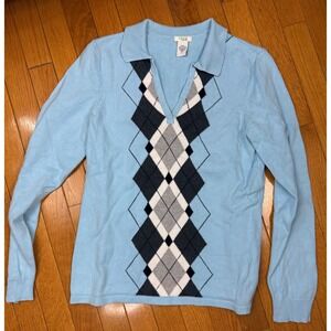 IZOD XFG Womens Light Blue Argyle Polo V-Neck Cotton‎ Knit Sweater Size S